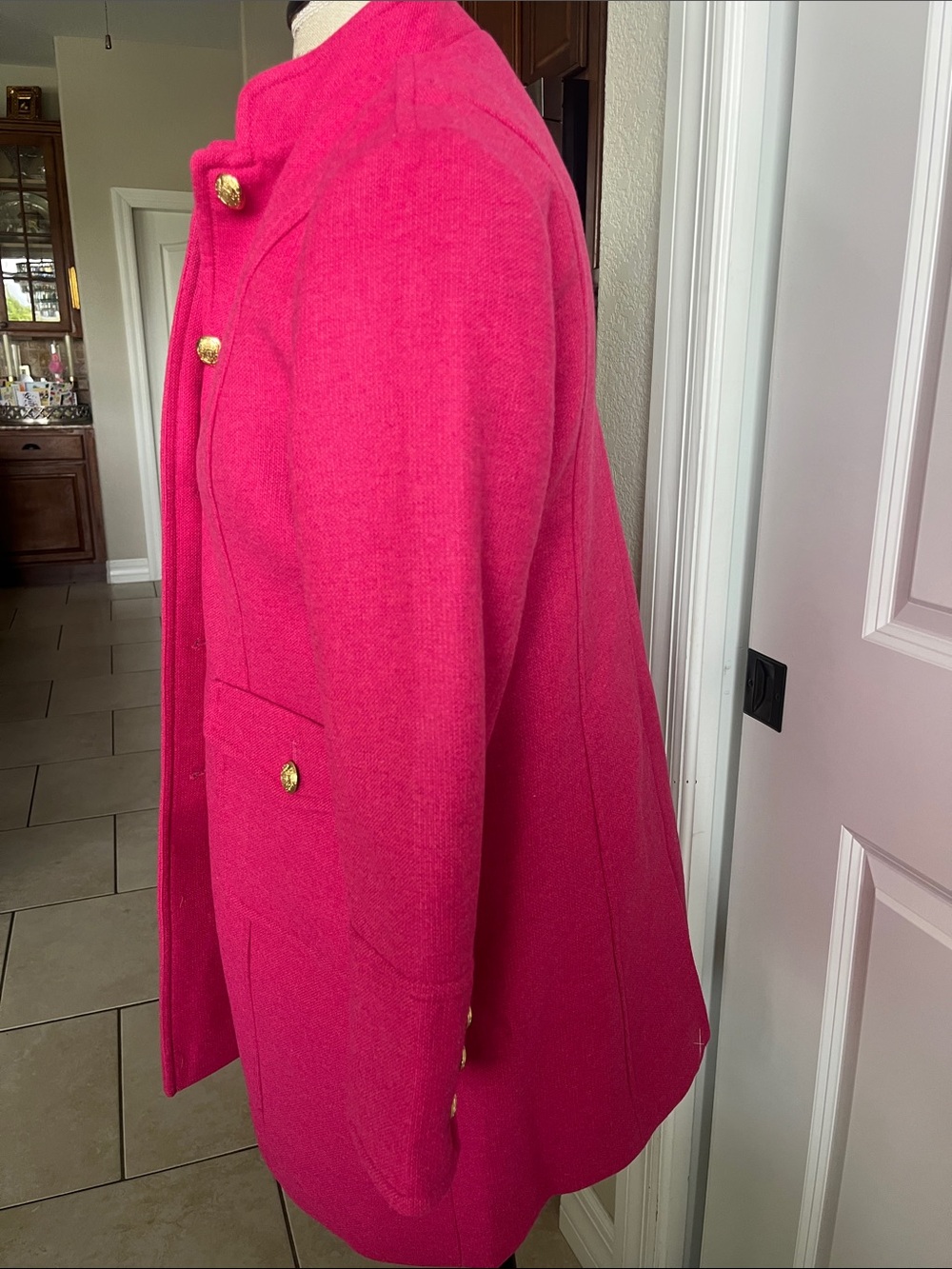 NWT Talbots bright pink wool blend, structured pea coat gold buttons 8P - Picture 5 of 11